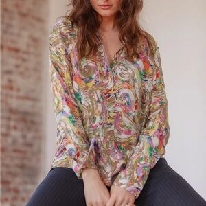 Catherine Gee Daria French Cuff Silk Blouse Paint Swirl L